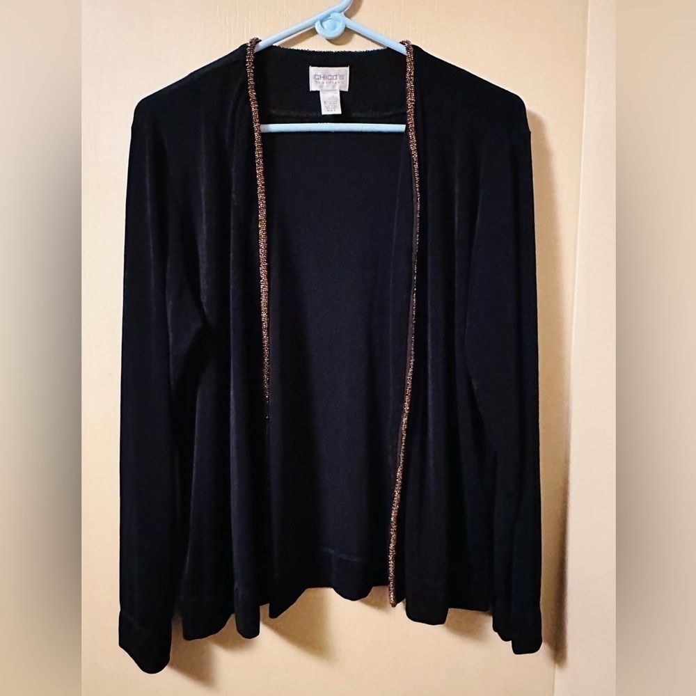 Chico’s Travelers XL Black Gold Trim Open Front Cardigan Old Money Career